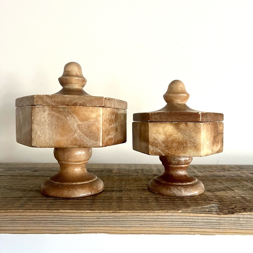 Set of Two Brown Alabaster Decorative Jars